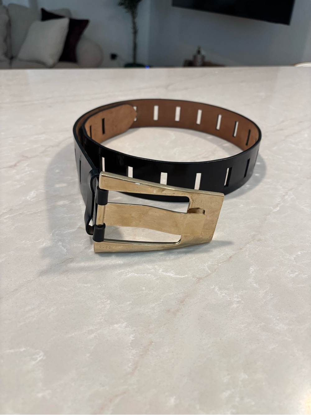 Vintage Gucci Black Patent Leather Cutout Belt Oversized Gold Buckle